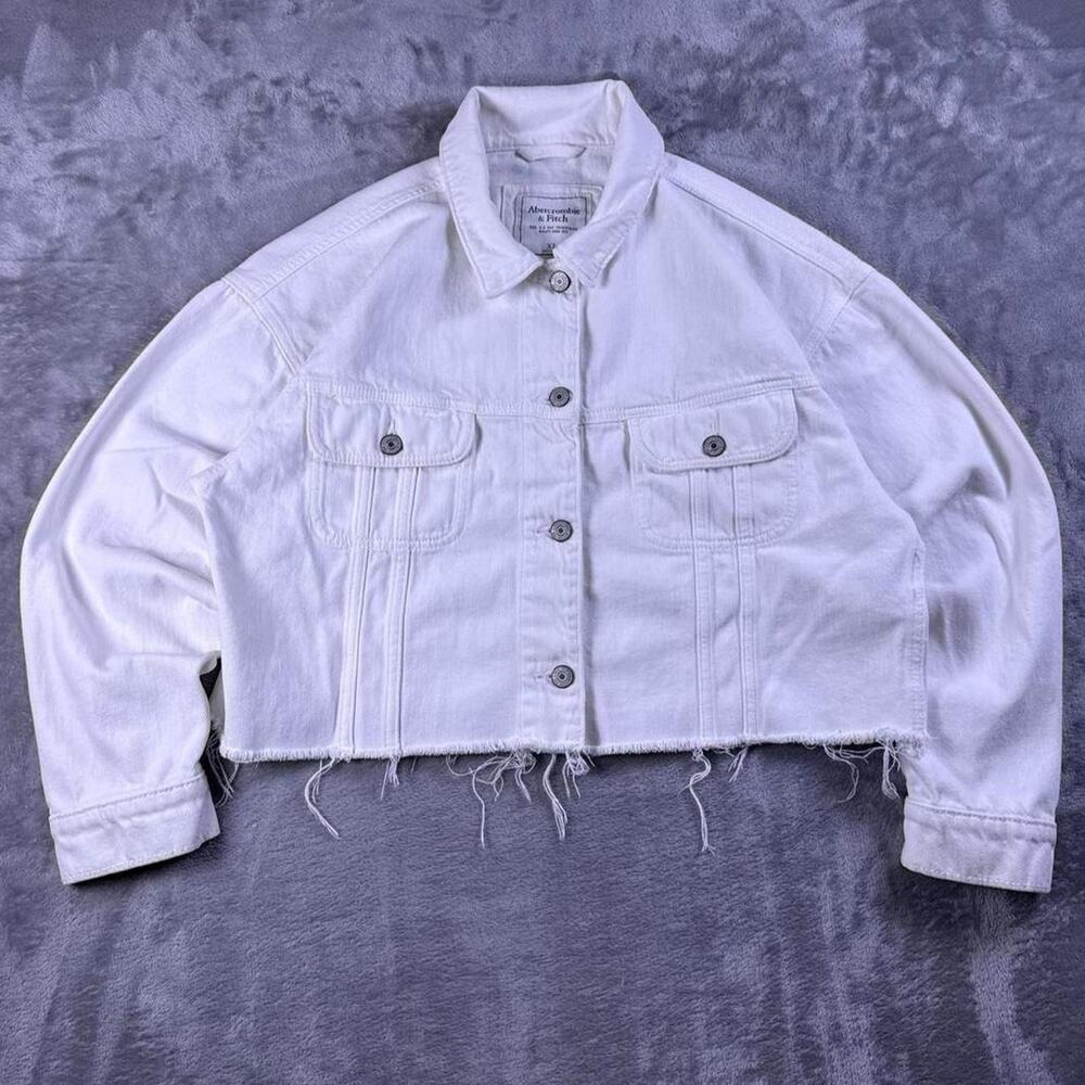 Abercrombie & Fitch Denim Jacket Womens XL White Cropped Frayed Cotton Trucker